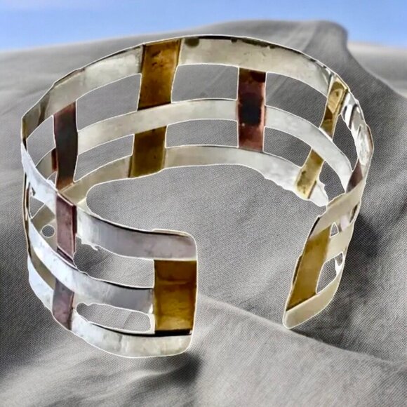 RLM Studio Cuff Bracelet Sterling Silver Copper Brass Woven 7.5 for larger wrist - Picture 10 of 12